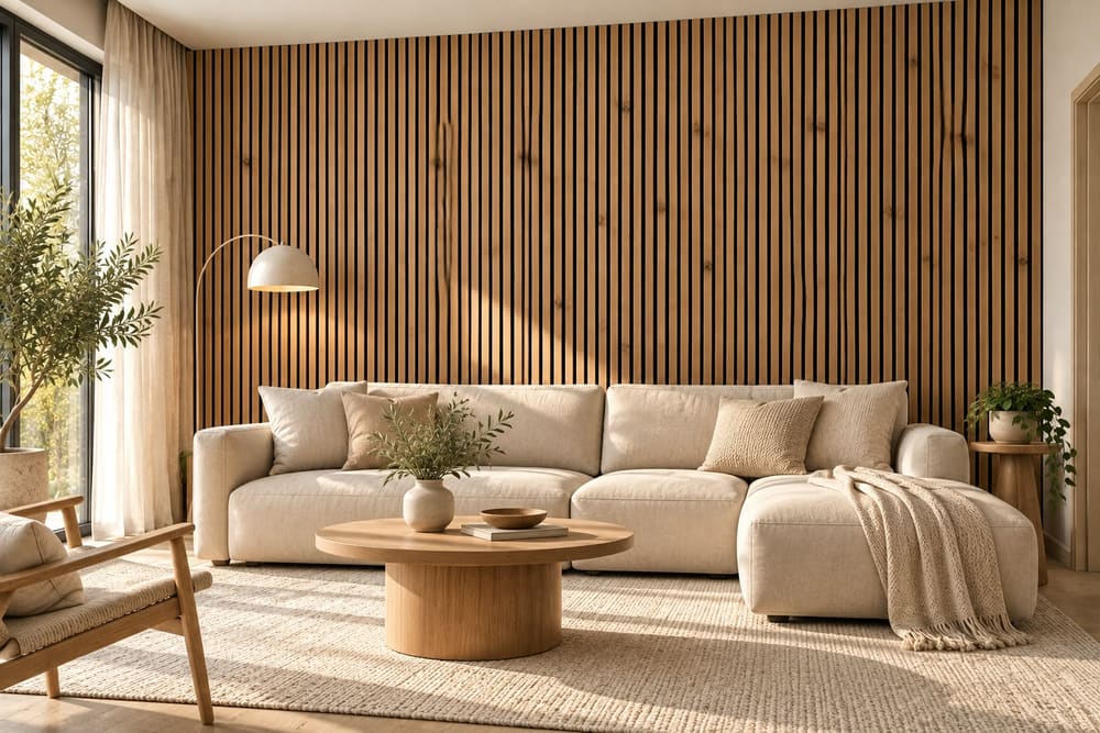 Artisan Oak wandpanelen achter de bank in een woonkamer
