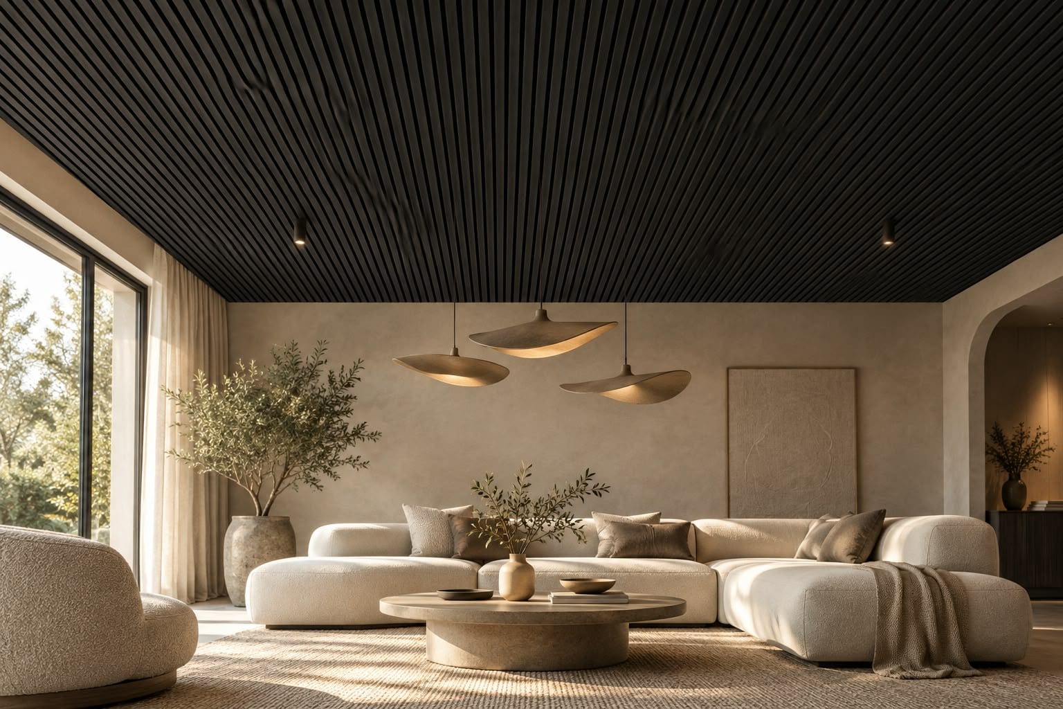 Black panelen op het plafond van een lichte woonkamer