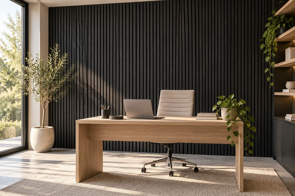 Black wandpanelen achter het bureau in een thuiskantoor