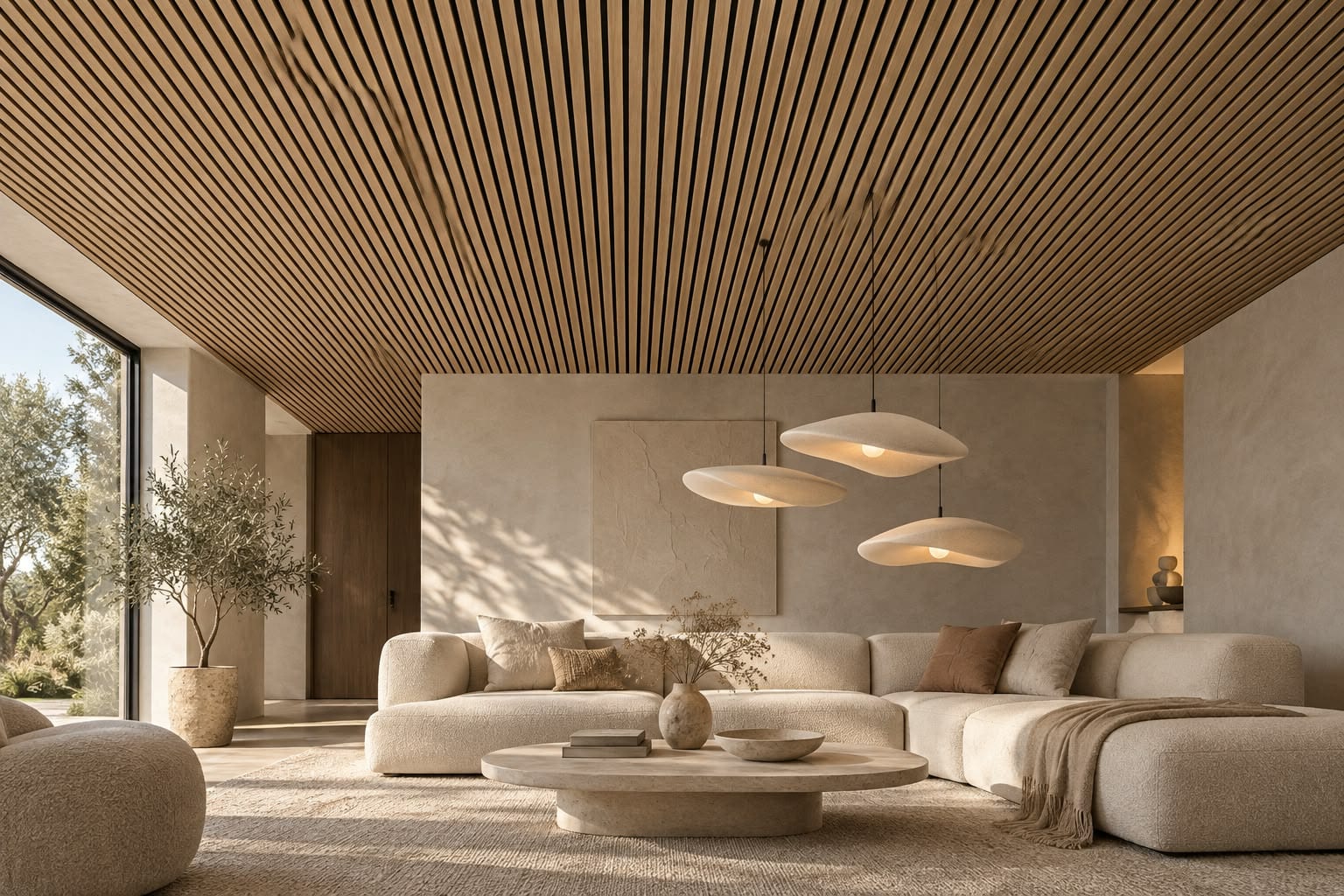Light Oak panelen op het plafond van een woonkamer