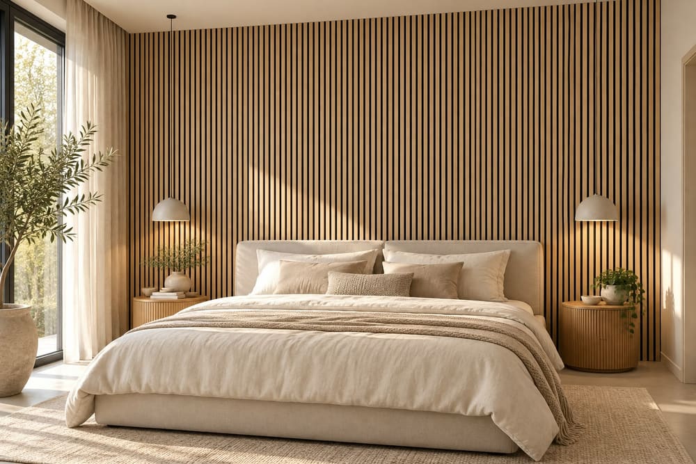 Light Oak wandpanelen achter het bed in een lichte slaapkamer