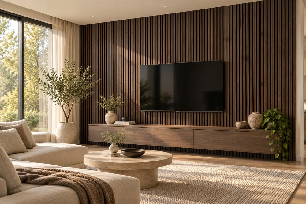 Walnut wandpanelen als tv-wand in een woonkamer